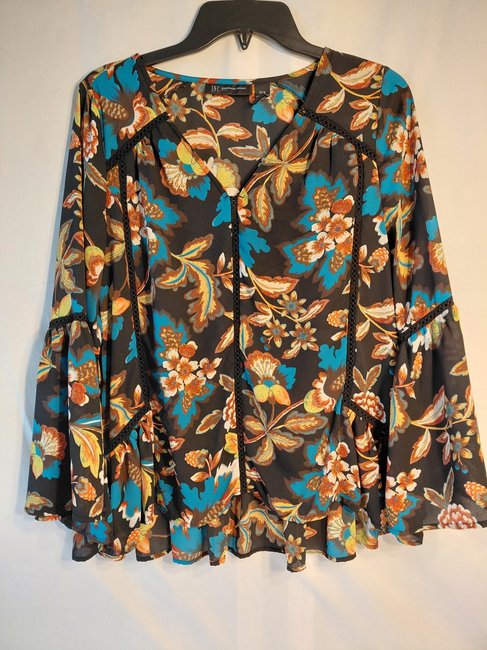 INC International Concepts Black Floral Blouse with Teal & Yellow Accents